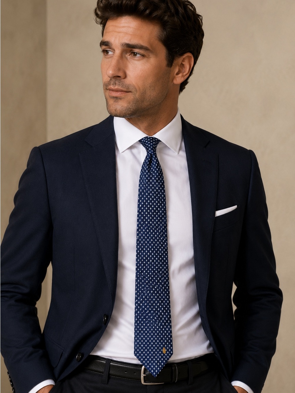 Men's Navy Patterned 100% Silk Tie - YSL
